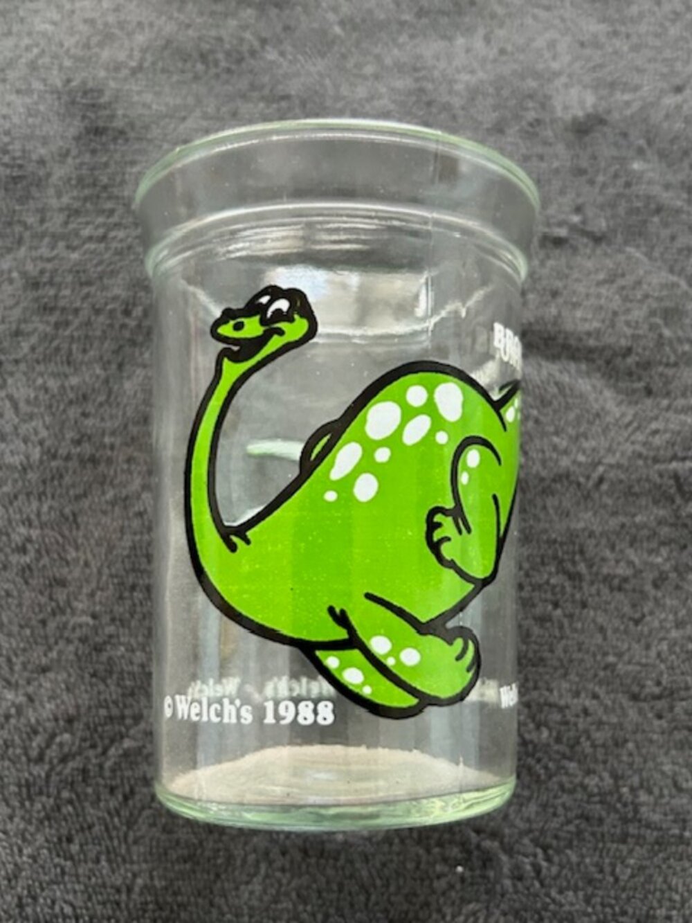 Vintage Welchs Brontosaurus Glass Jelly Jar Green Dinosaur Cup Retro 80s